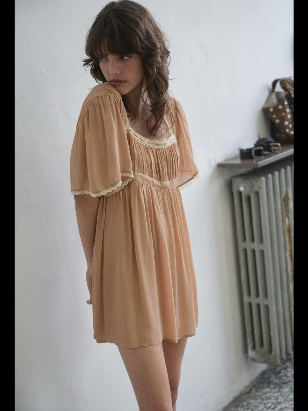 NWT babydoll rare Zara Peach Tan Lace-Trim Mini Dress